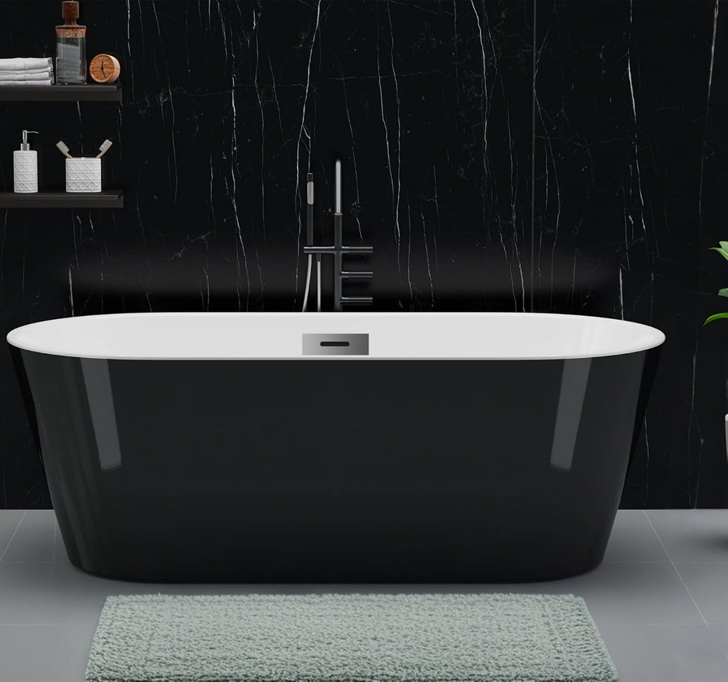 59 inch Freestanding Bathtub for Main Bathroom – Black & White Acrylic Free Standing Tub with Chrome Drain, Modern Soaking Tub for Stylish Home Spa Retreat