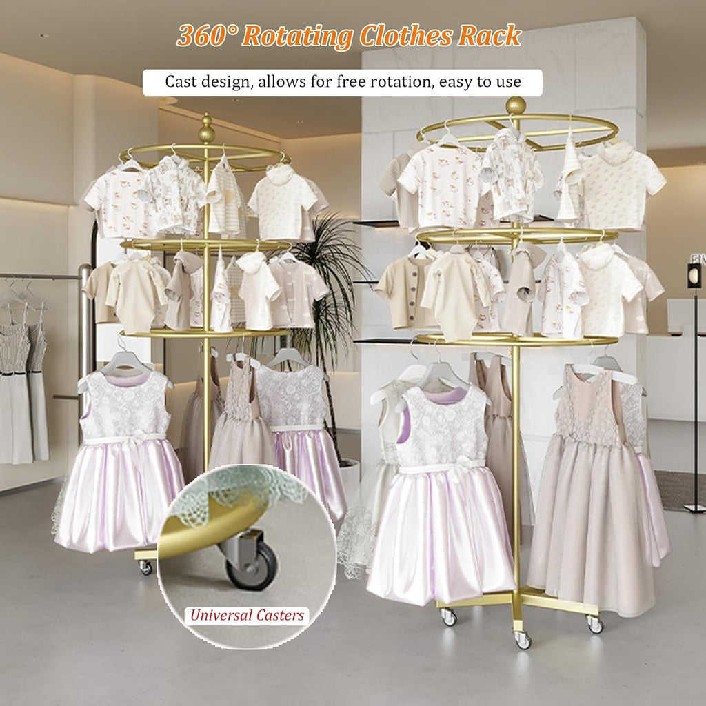 3-Tier Round Garment Rack, 360° Retail Floor Standing Rotating Display Stand, Kids Garment Rack with 5 Wheels, for Retail Store, Boutique, Home Closet(White,H-190cm)