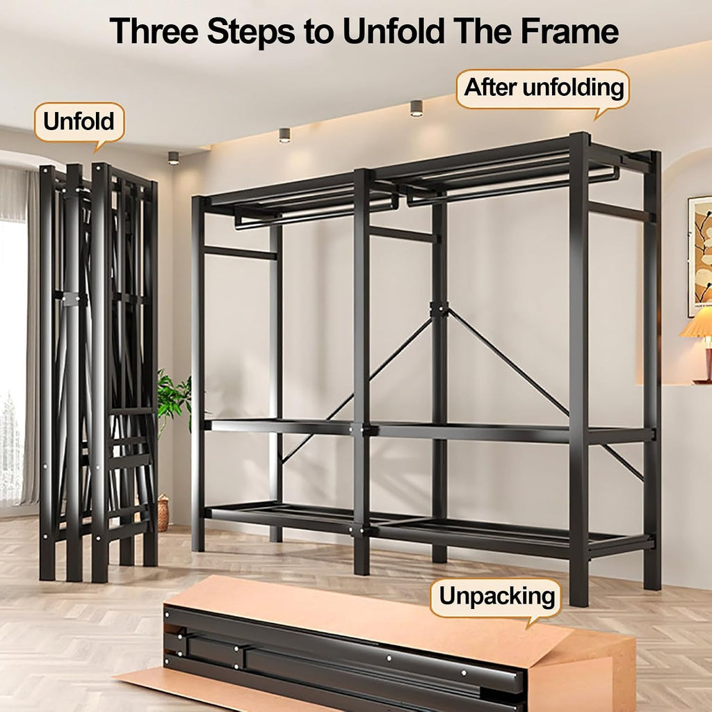 Heavy Duty Wardrobe Closet With Cover, Portable Metal Garment Rack With Hanging Rods, Foldable Clothing Rack For Hanging Clothes, For Bedroom(Grey1,150cm/59.1inch)