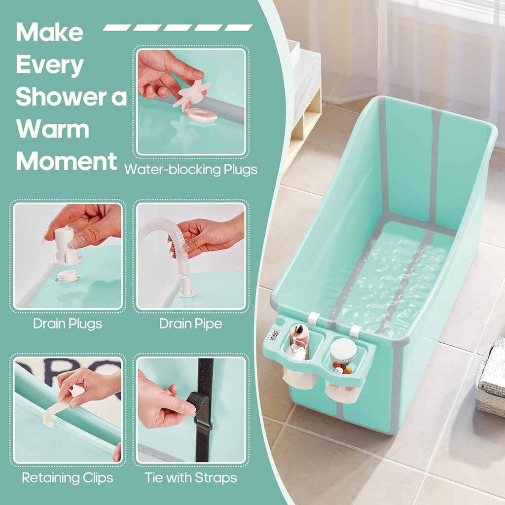 Collapsible Baby Bathtub Foldable Bathtub for Toddler Portable Large Foldable Bath Tub Bathtub for Kids Petite with Thermometer and Storage Basket (Green)