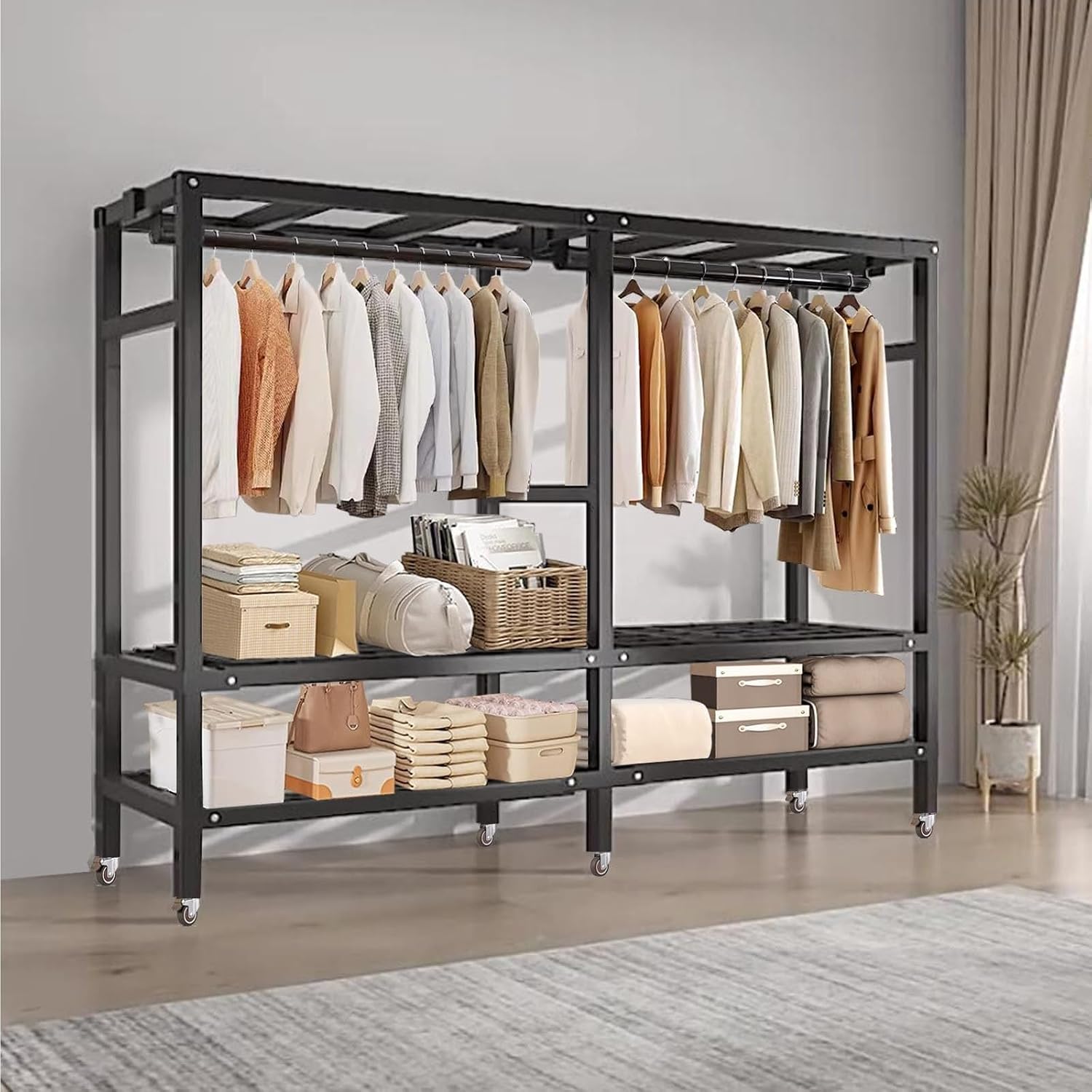 Bedroom Wardrobe - Portable Closet With Cover, Foldable Wardrobe With Universal Wheel Garment Rack, Load 1500 Lbs, For Bedroom Living Room Off, With 2 Hanging Rods And 4 Storage Shelves ( Size : 203x5