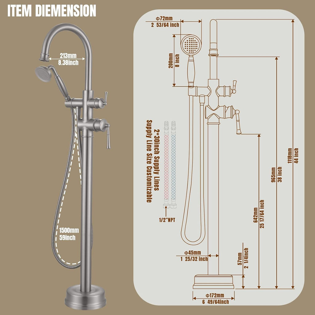 Free Standing Tub Faucet, Antique, Brushed Nickel (B2311-BN) | H59-1 Premium Solid Brass, High Flow 6.6 GPM, Elegant & Vintage Styling