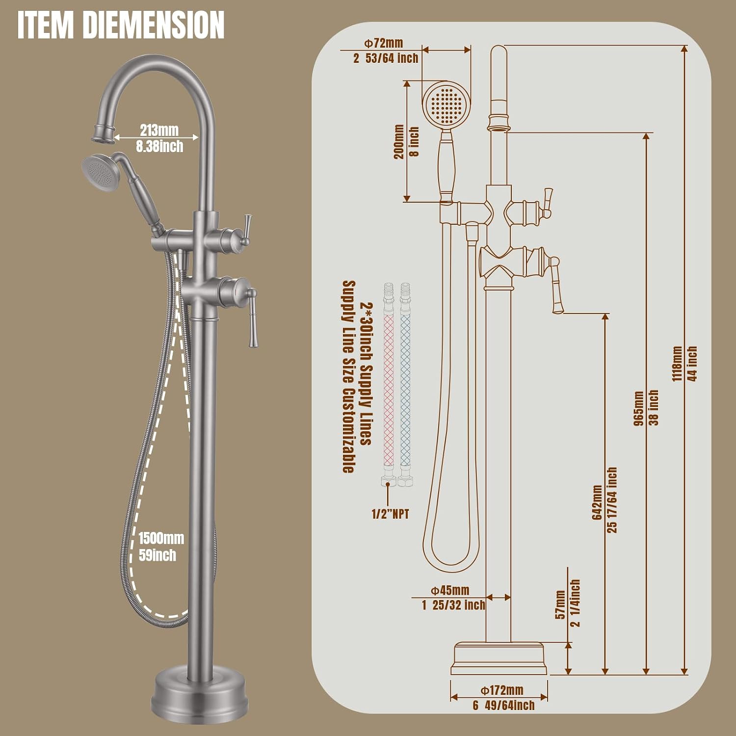 Free Standing Tub Faucet, Antique, Brushed Nickel (B2311-BN) | H59-1 Premium Solid Brass, High Flow 6.6 GPM, Elegant & Vintage Styling