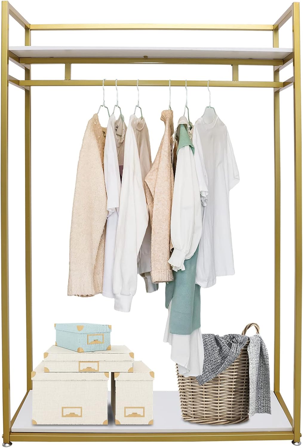 Gold Clothes Rack, Metal Freestanding Garment Rack Clothes Display Storage Stand Wardrobe Closet for Hanging Clothes Heavy Duty Garment Rack for Bedroom Closet Clothes Or Retail