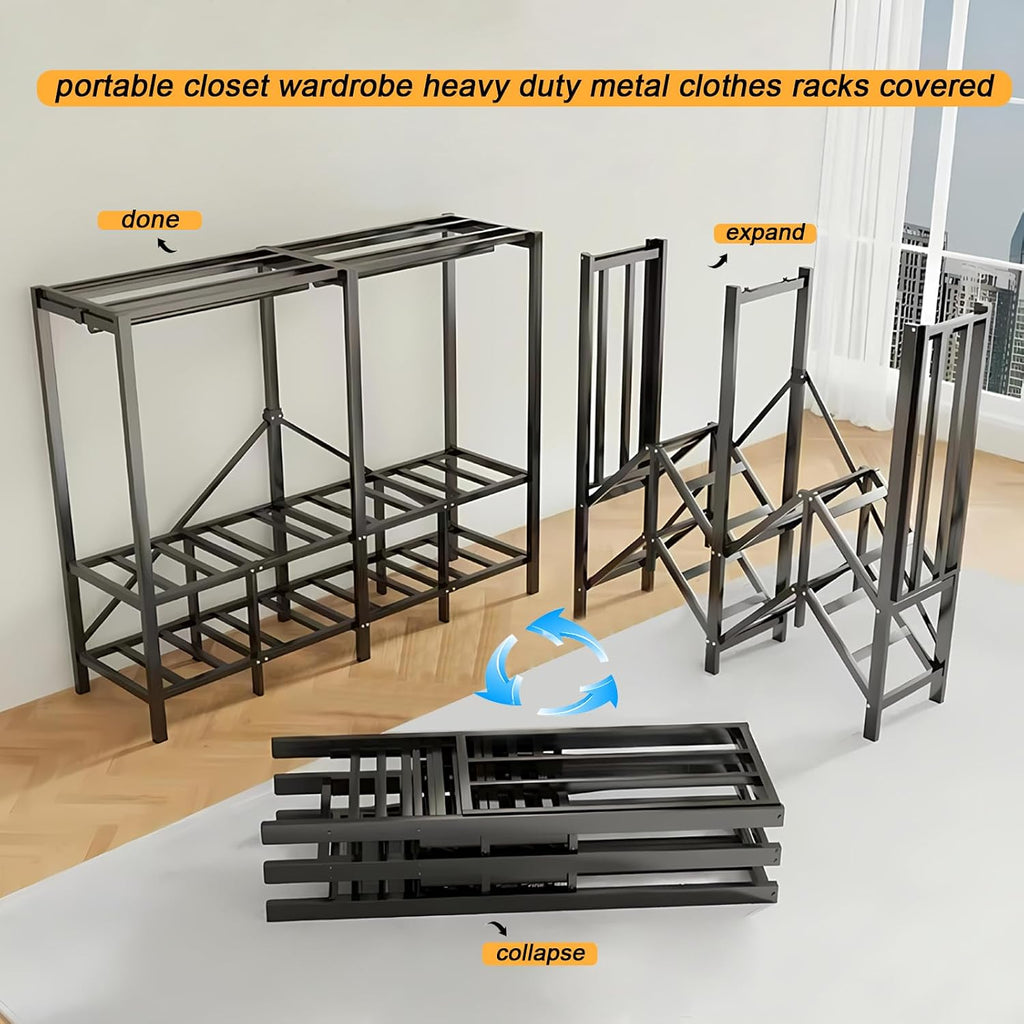 49.2in Portable Wardrobe Closet for Hanging Clothes Folding Heavy Duty Clothes Rack with Cover Large Covered Freestanding Foldable Closets Bedroom Armoire Storage Garment Racks (black, 49.2in/125cm)
