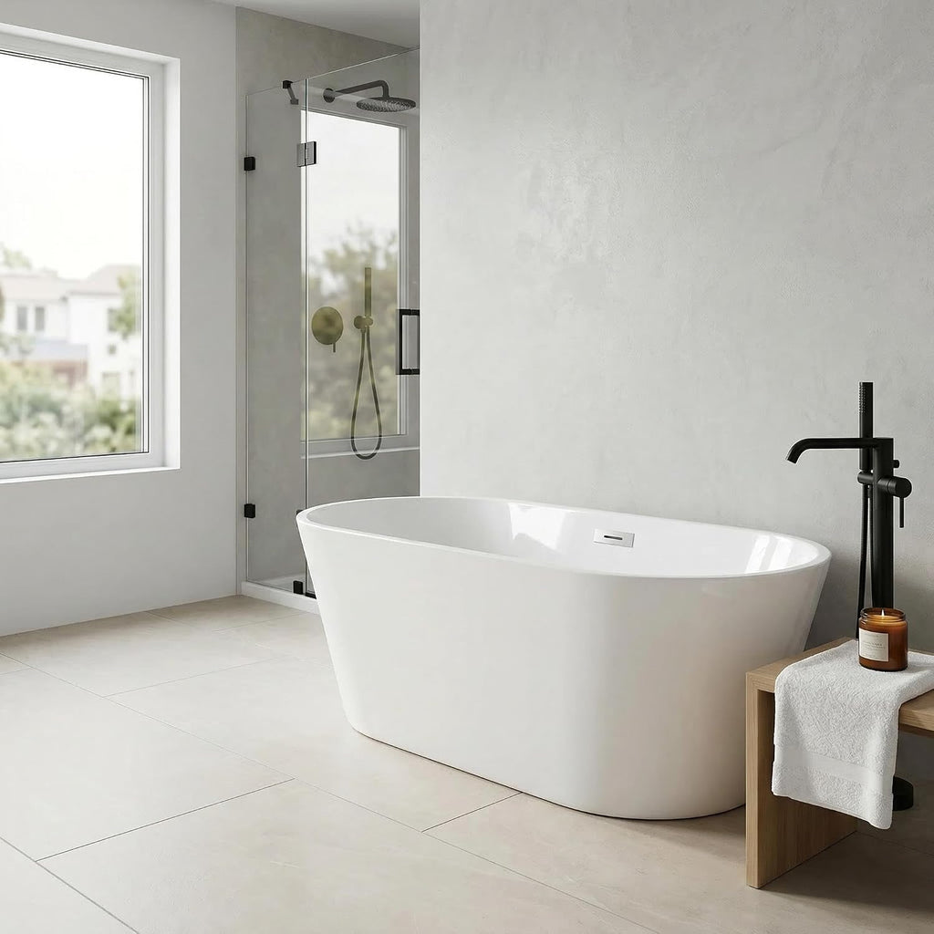 67' Free Standing Tub, Acrylic Soaking Bathtub, Stand Alone Freestanding Tub with Matte Sliver Drain and Overflow, Contemporary Bathtub for Bathroom, Burnish White