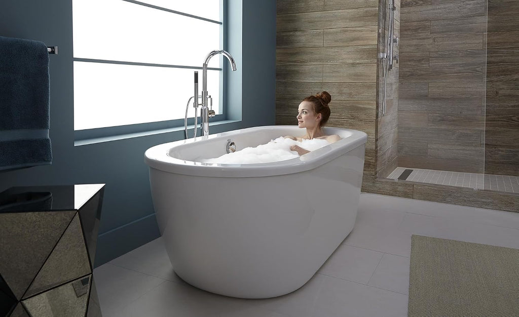 American Standard 2764014M203.011 Cadet 66 in. Acrylic Freestanding Soaker Bathtub with Tub Filler, Hand Shower and Drain, Arctic White, 50-60 Gallons
