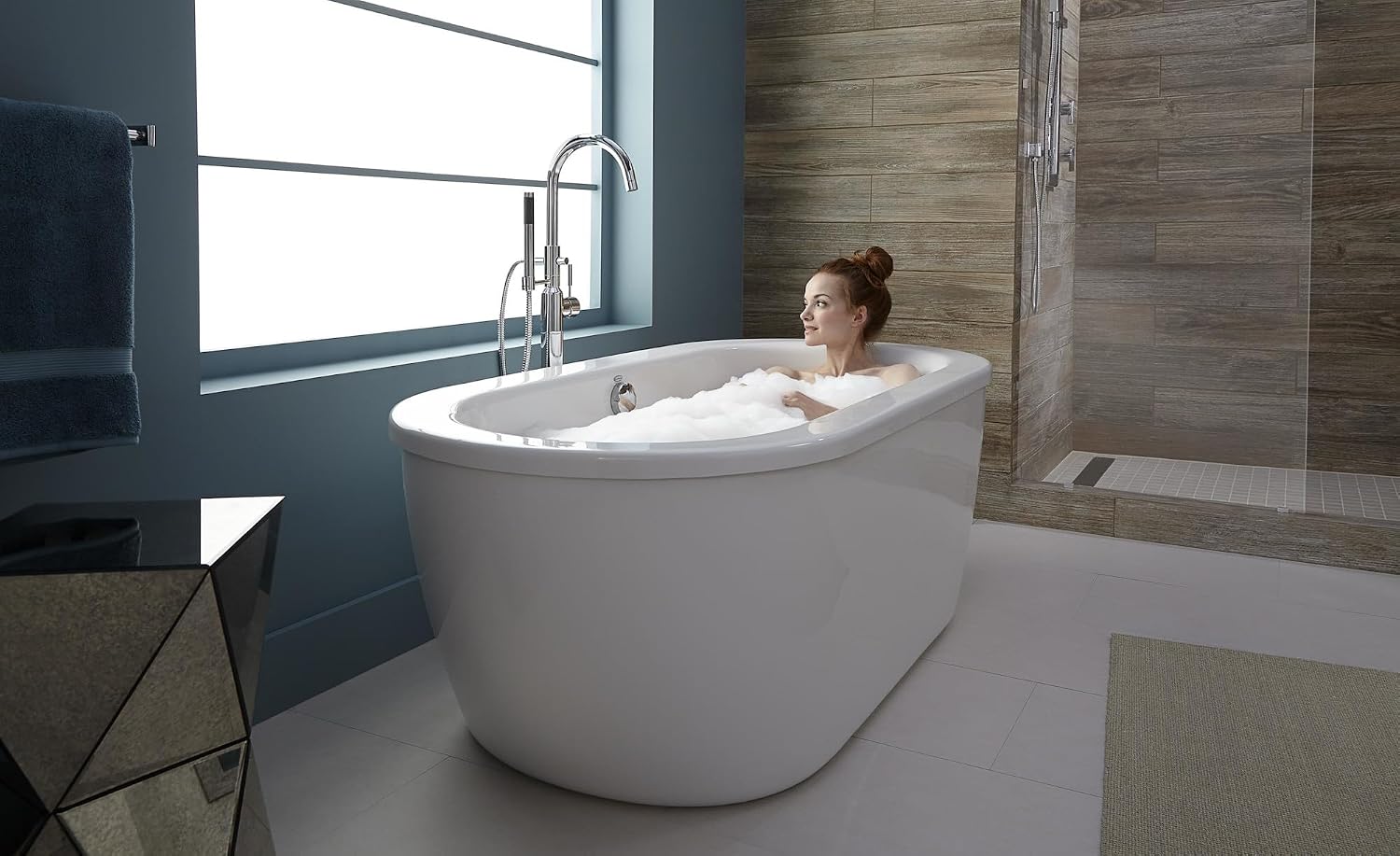 American Standard 2764014M203.011 Cadet 66 in. Acrylic Freestanding Soaker Bathtub with Tub Filler, Hand Shower and Drain, Arctic White, 50-60 Gallons