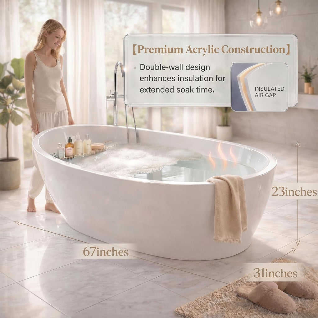 Acrylic Freestanding Bathtub, 67 Inch Deep Soaking Tub, One End Raised, White Interior Black Exterior, Chrome Pop-Up Drain, Overflow, Modern Acrylic Stand Alone Tub for Home, Bathroom