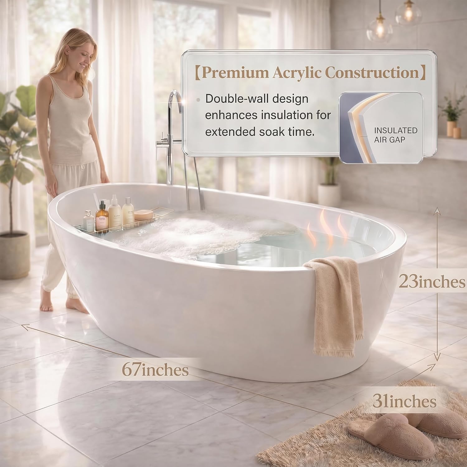 Acrylic Freestanding Bathtub, 67 Inch Deep Soaking Tub, One End Raised, White Interior Black Exterior, Chrome Pop-Up Drain, Overflow, Modern Acrylic Stand Alone Tub for Home, Bathroom