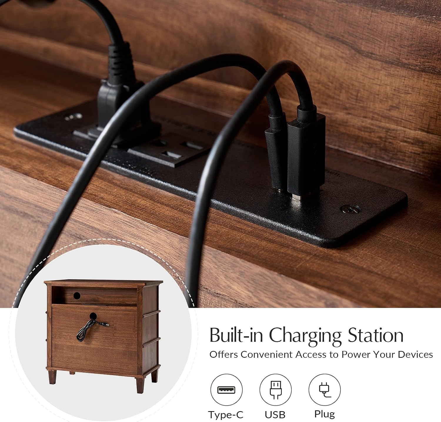 HULALA HOME Farmhouse End Tables Set of 2 with 3 Drawers, Paulownia Solid Wood Side Table with Vintage Knobs, Ancient End Table with Charging Station, Easy Assembly, Walnut