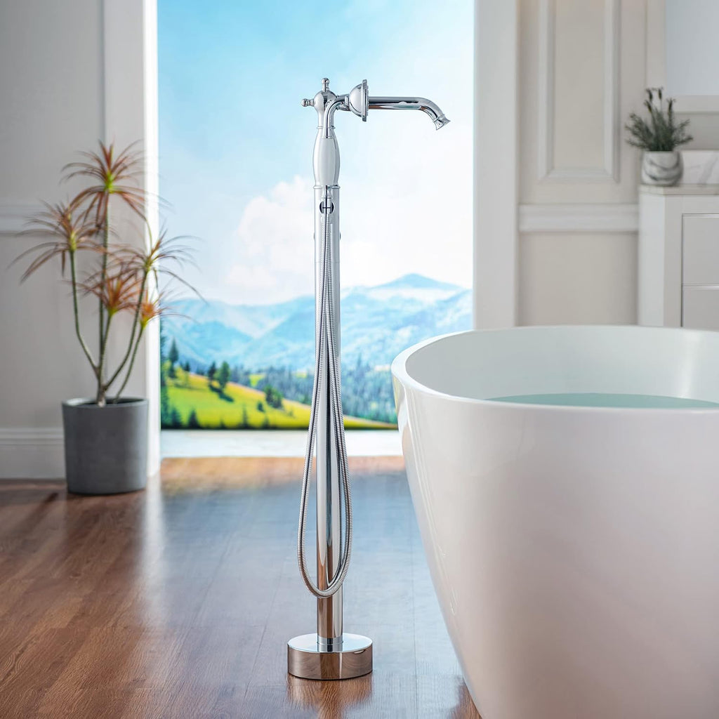 WOODBRIDGE Contemporary Single Handle Floor Mount Freestanding Tub Filler Faucet with Hand Shower in Chrome Finish