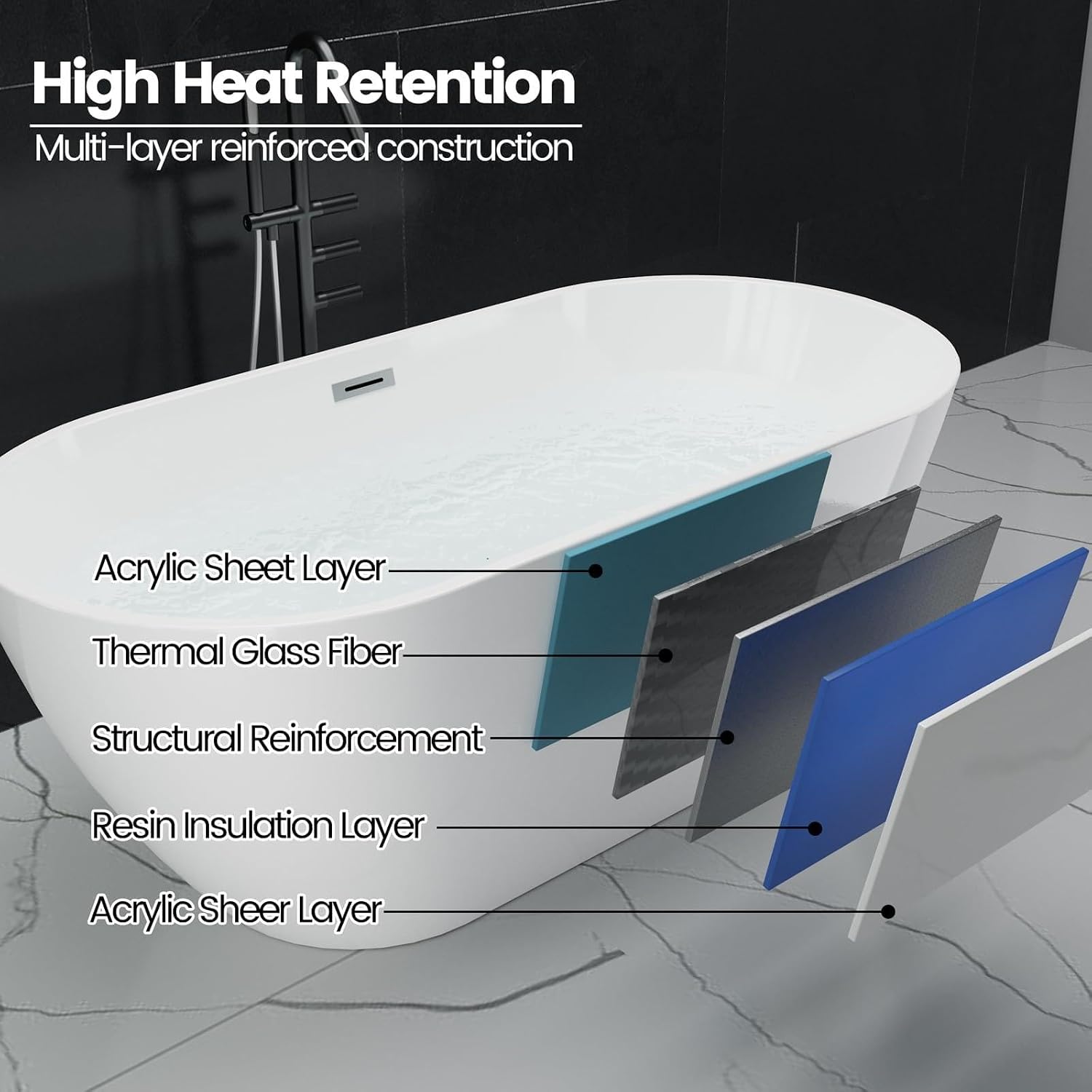 GarveeTech 67' Acrylic Freestanding Bathtub - Oval Soaking Tub with Chrome Drain, Stand alone Bathtub for Bathroom Spa,White