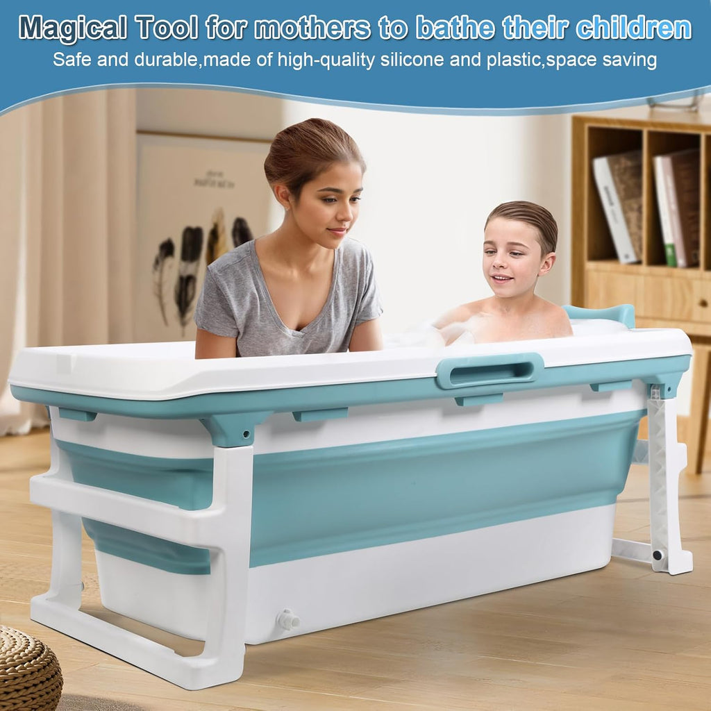 51' Portable Folding Bathtub, Soaking Bath Tub for adult, Foldable Tub with Thermal Cover, Massage Roller, Hollow Hand Holes, Freestanding Large Collapsible Tub (Blue)