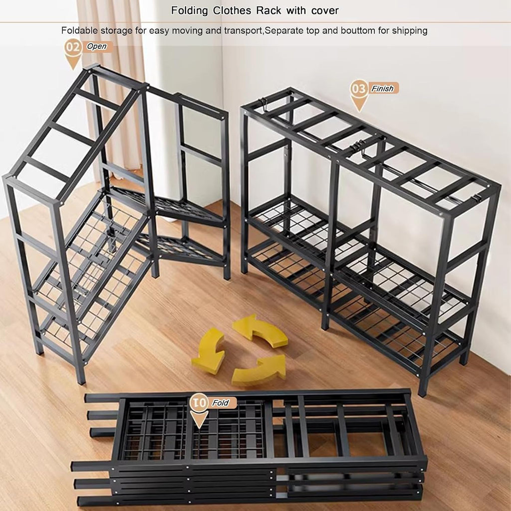 20.5in Width Foldable Heavy Duty Clothes Rack With Cover 2000LBS Rolling Garment Rack On Lockable Wheels Portable Wardrobe Closet For Bedroom For Hanging Clothing Coat Storage Rack(180cm/70.86in)