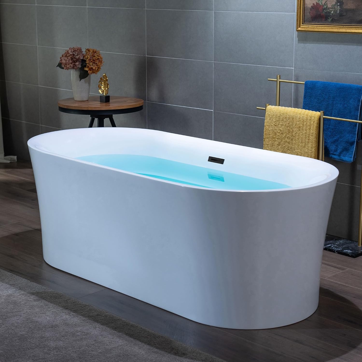 WOODBRIDGE 67' Acrylic Freestanding Bathtub Contemporary Soaking Tub with Matte Black Overflow and Drain,White Tub
