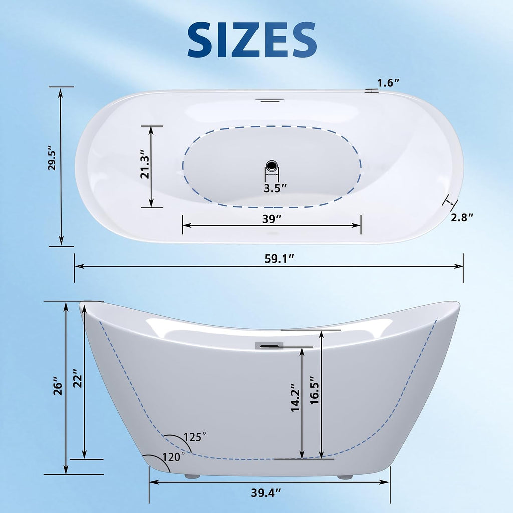 59' Freestanding Tub, Gloss White Soaking Bathtub with Chrome Overflow & Pop-Up Drain, CUPC Certified, Modern Glossy Finish for Bathroom Remodel