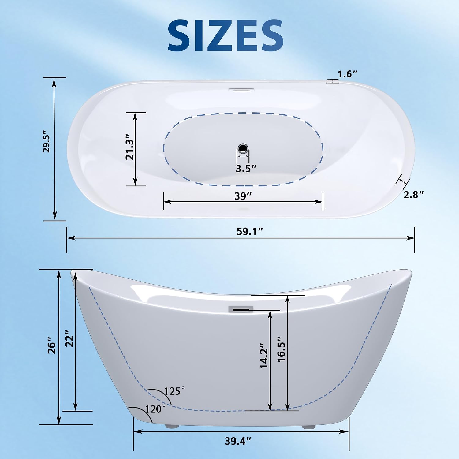 59' Freestanding Tub, Gloss White Soaking Bathtub with Chrome Overflow & Pop-Up Drain, CUPC Certified, Modern Glossy Finish for Bathroom Remodel