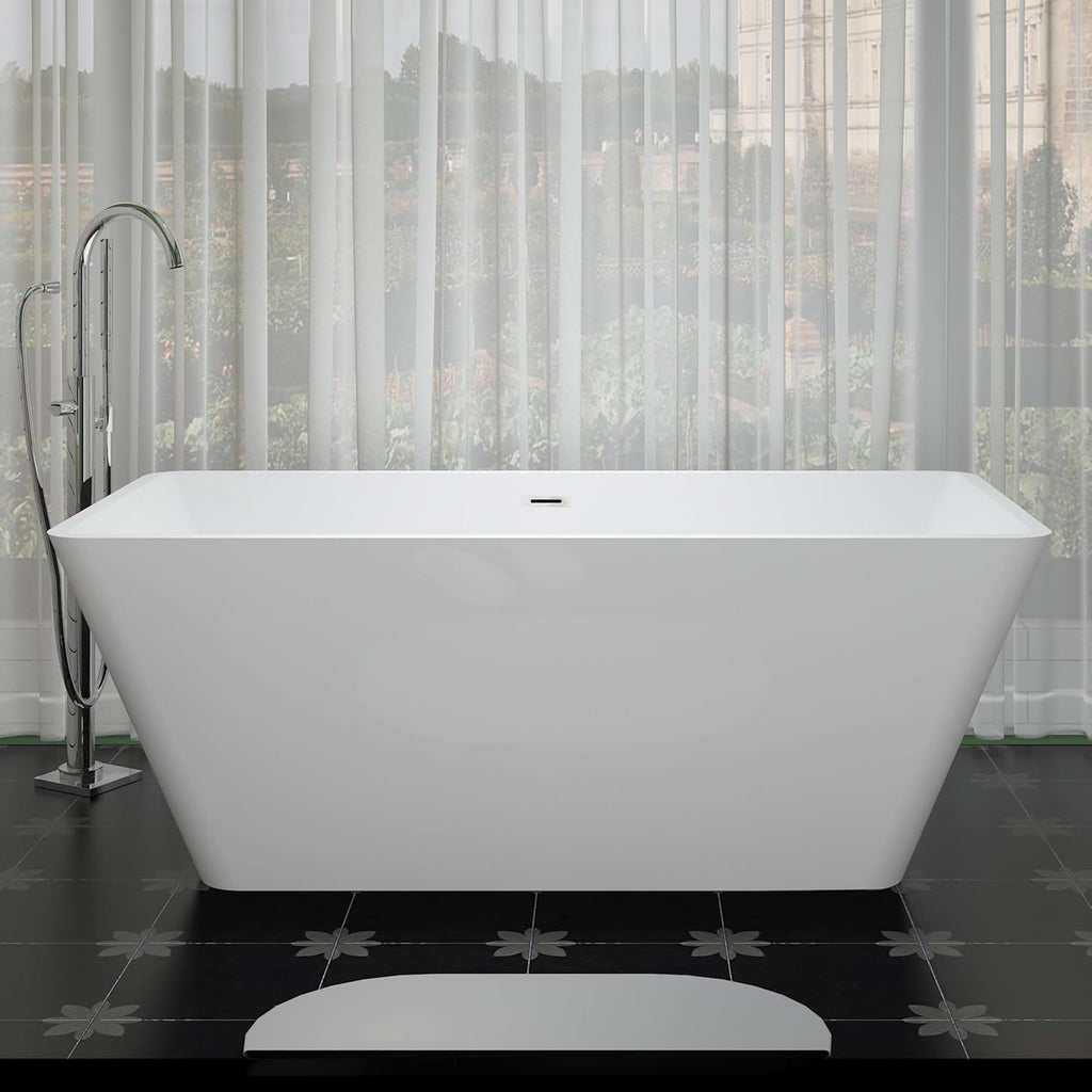 55 inch Square Free Standing Soaking Bathtub, Contemporary Stand Alone Freestanding Acrylic Tub with Center Chrome Drain & Overflow, Glossy White