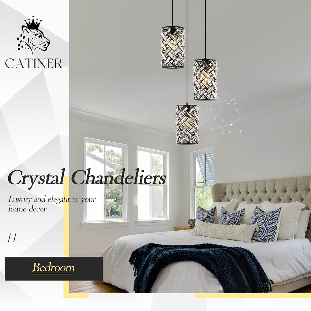 CATINER 3 Lights Crystal Pendant Light Modern Black Mini Chandelier, Adjustable Cluster Pendant Light Fixture for Kitchen Island Dinning Room Bedroom Hallway Porch