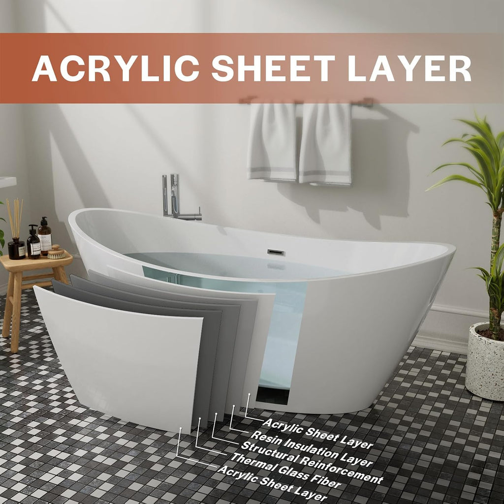 Freestanding Bathtub Acrylic Soaking SPA Modern Stand Alone Bathtubs in White 67 Inch