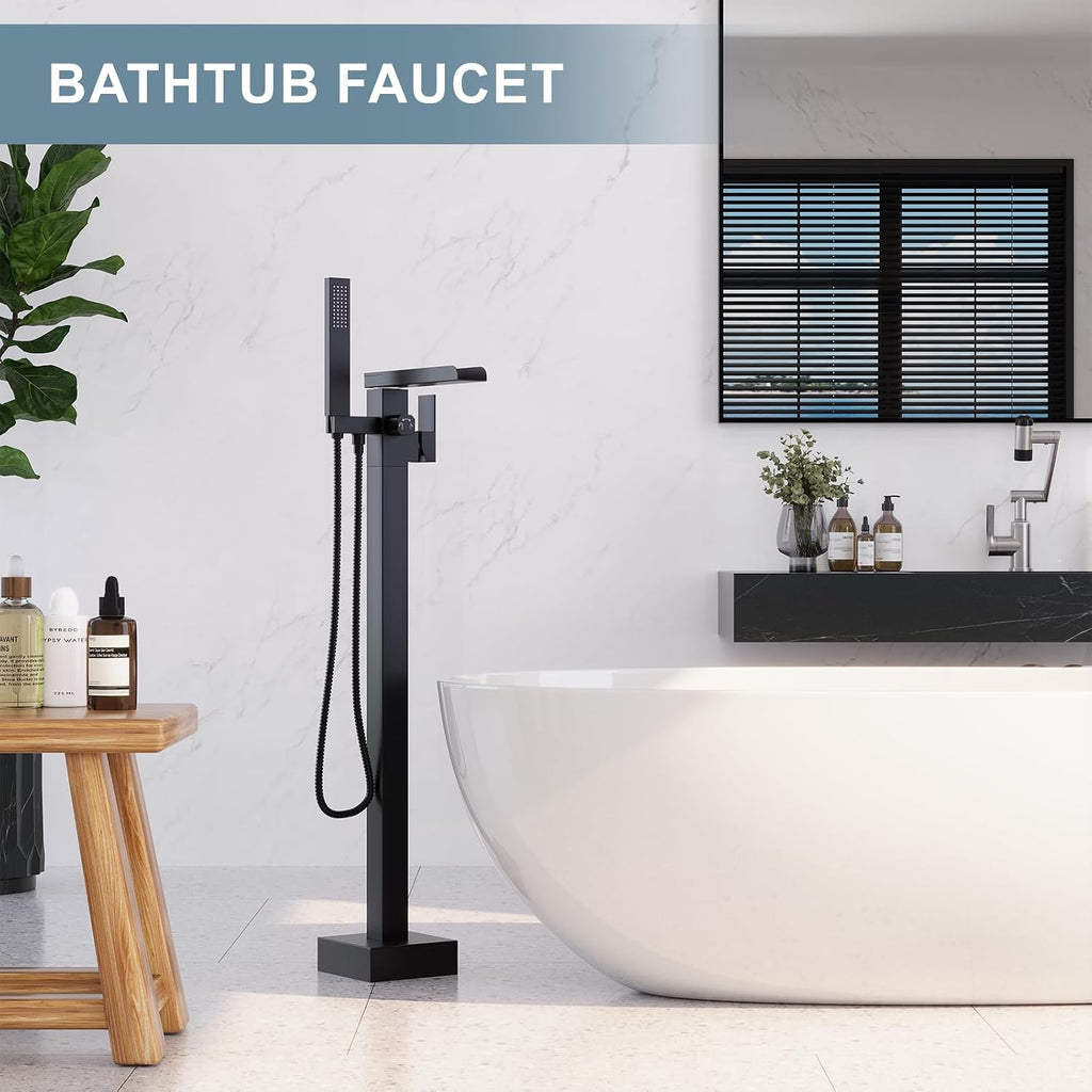HAWKROWN Freestanding Bathtub Faucet, Floor Mount Bathtub Faucet with 2 Water Outlet Modes, Swivel Gooseneck Spout with Hand Shower,Single Handle, Max Flow Rate 7.4 GPM (Waterfall-Black)