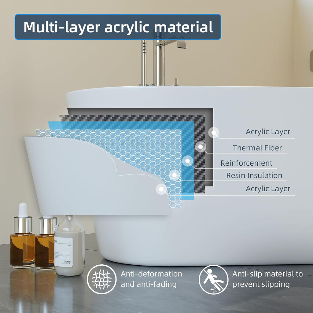 67' Free Standing Tub, Acrylic Soaking Bathtub, Stand Alone Freestanding Tub with Matte Sliver Drain and Overflow, Contemporary Bathtub for Bathroom, Burnish White
