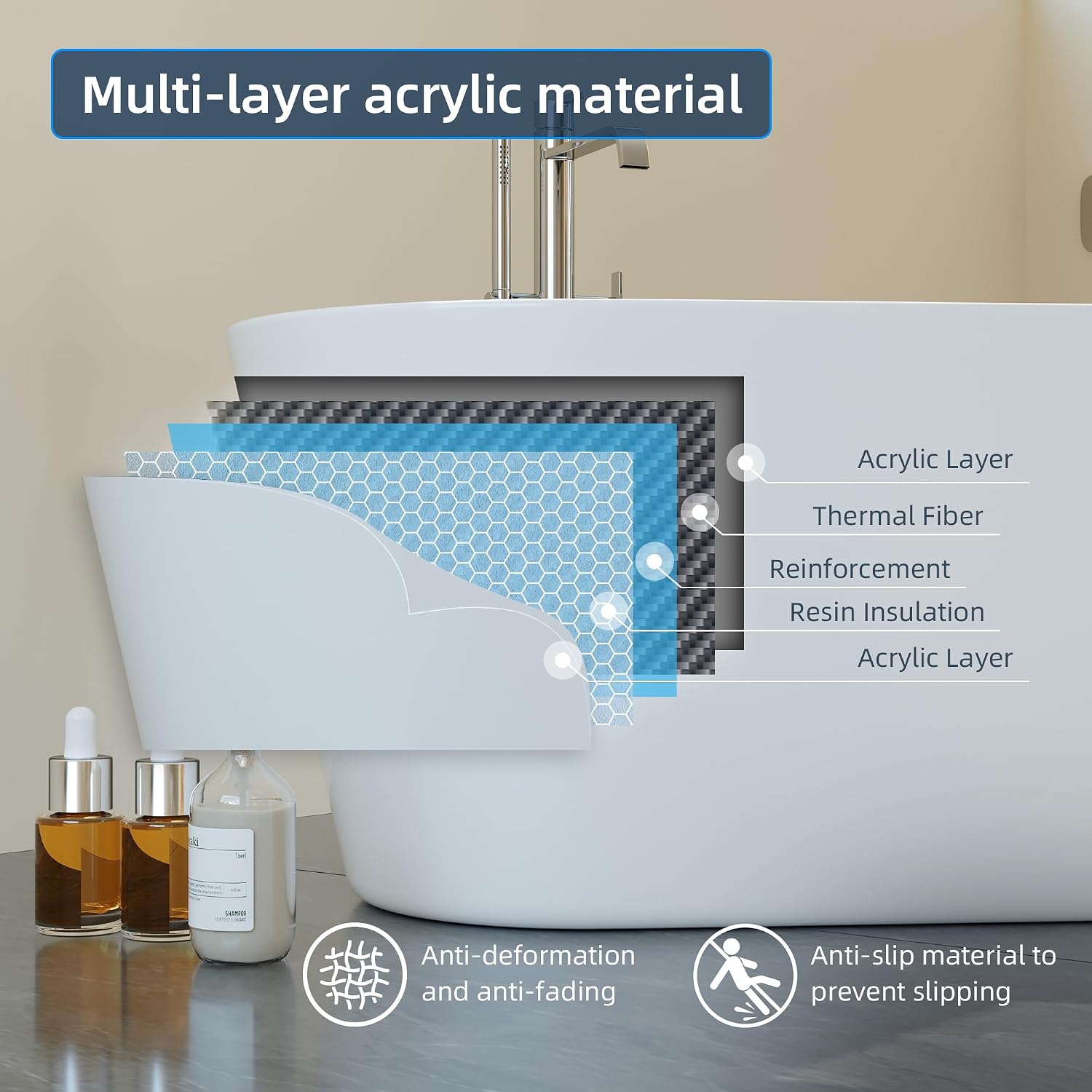 67' Free Standing Tub, Acrylic Soaking Bathtub, Stand Alone Freestanding Tub with Matte Sliver Drain and Overflow, Contemporary Bathtub for Bathroom, Burnish White