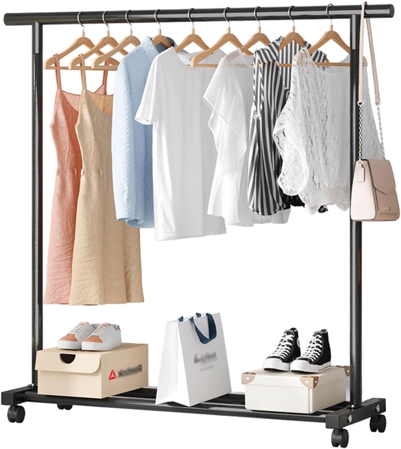 Rolling Metal Clothing Rail Garment Rack, Clothes Rack with Bottom Shelves, Portable Clothing Hanger Organizer with Wheels for Bedroom, Living Room, Max Load 80kg, 120cm