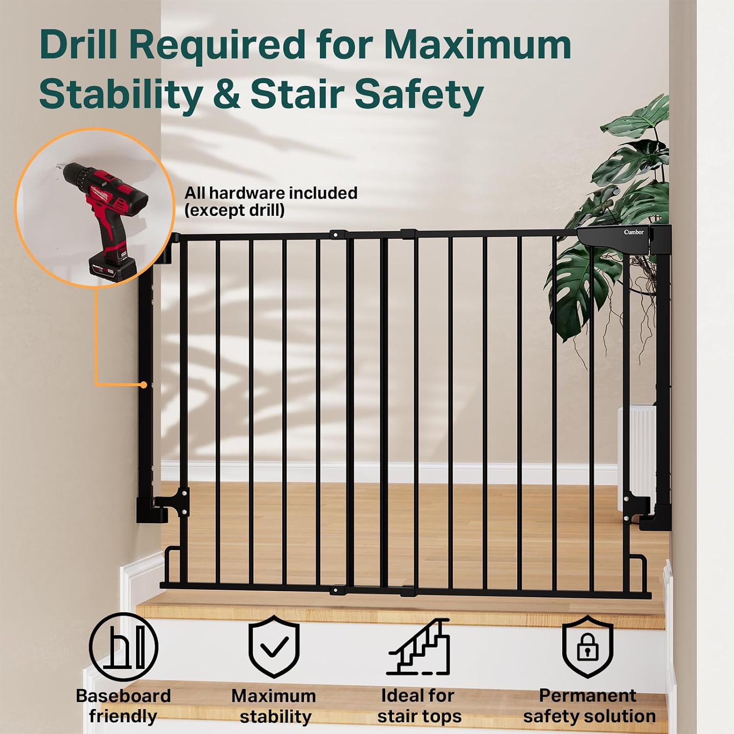 Cumbor 2 Pack 29.2-43' No Bottom Bar Baby Gate for Stairs, 2-in-1 Auto Close Dog Gate Indoor, Hardware Mounted Pet Gate for Doorways with Large Walk Thru Door, Child-Proof Safety Gate for Kids (Black)