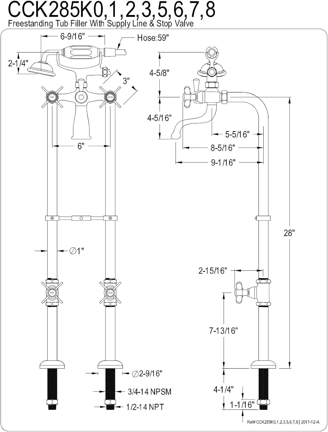 Kingston Brass CCK285K8 Freestanding Tub Faucet, 28' Length, Brushed Nickel