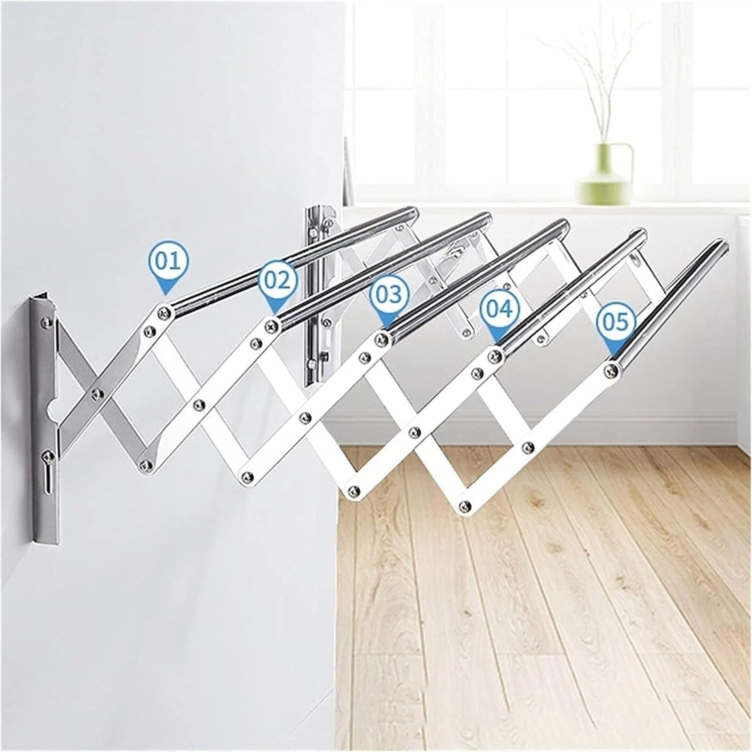 Folding Retractable Wall-Mounted Clothes Airer, Stainless Steel Towel & Garment Drying Rack, Collapsible Bathroom Laundry Line, 50cm