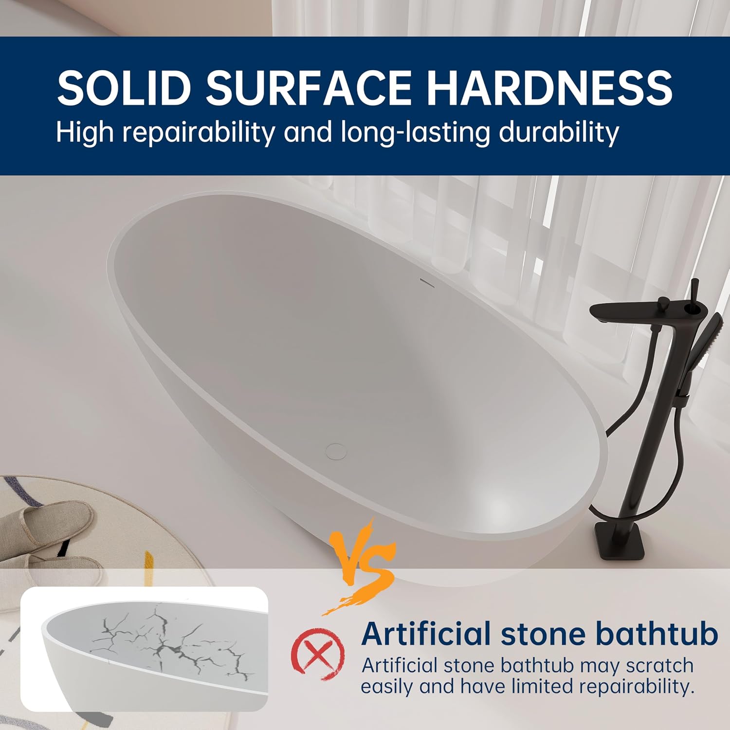 61'' Resin Stone Soaking Bathtub Oval Solid Surface Freestanding Soaking Bathtubs Matte White Soaking Tub with Overflow and Pop up Drain - White