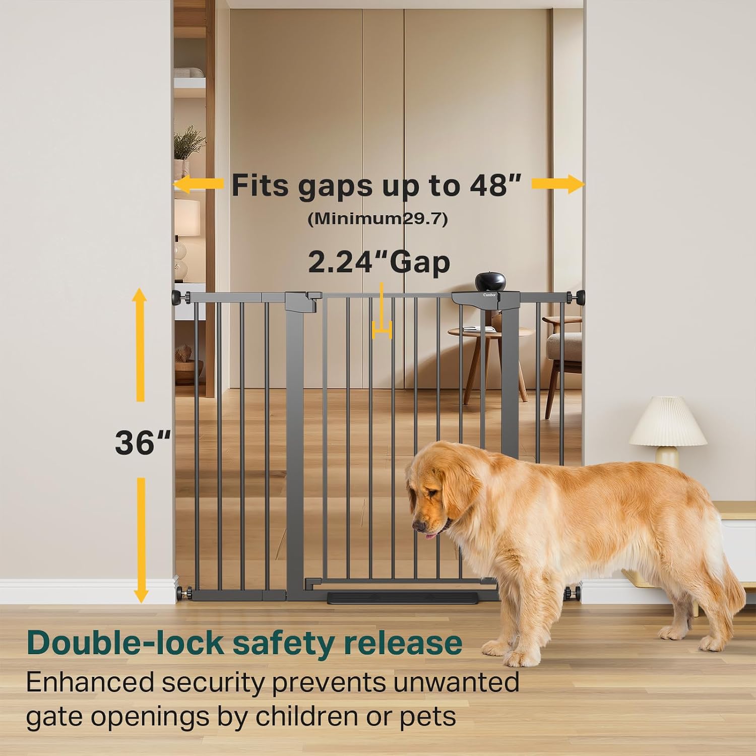 Cumbor 36' Extra Tall Baby Gate for Stairs, 29.7-48' Wide Dog Gates for Doorways, Auto Close Safety Gate for Babies and Pets, Easy Install, Pressure Mounted, Fits Doorways, Stairs, Entryways, Black
