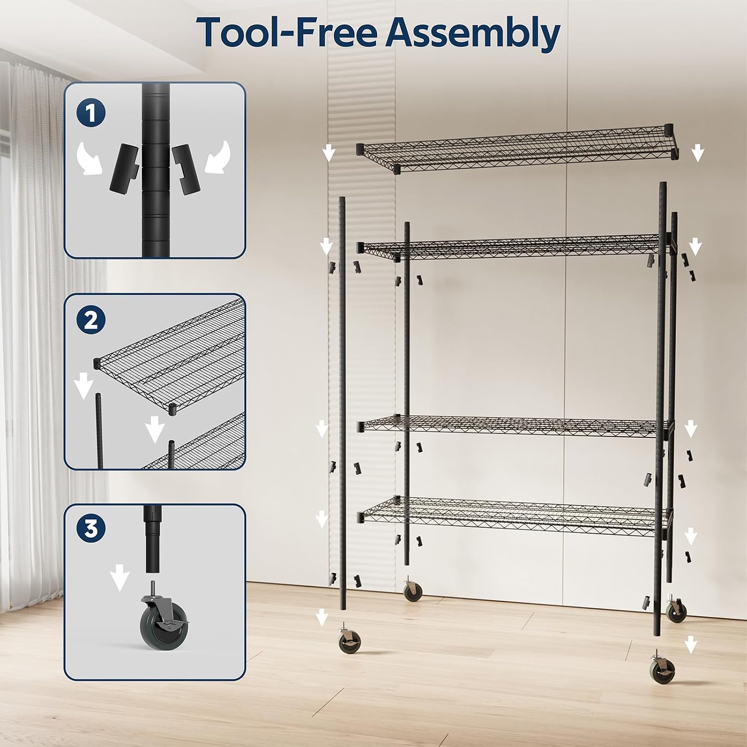 Whitmor 4 Tier Storage Shelves with Wheels, Heavy Duty Metal Shelving Unit, 625 lbs Capacity per Shelf, 2500 lbs Total for Kitchen, Garage, Plant, 55' L x 24' W x 72' H, Black