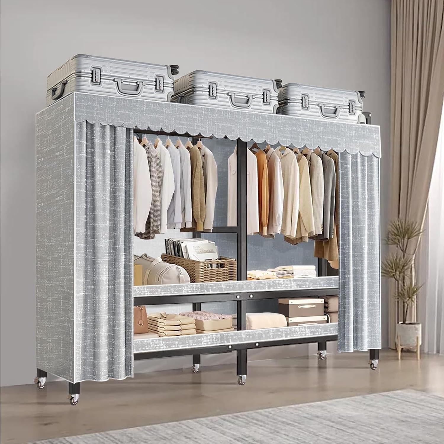Bedroom Wardrobe - Portable Closet With Cover, Foldable Wardrobe With Universal Wheel Garment Rack, Load 1500 Lbs, For Bedroom Living Room Off, With 2 Hanging Rods And 4 Storage Shelves ( Size : 203x5
