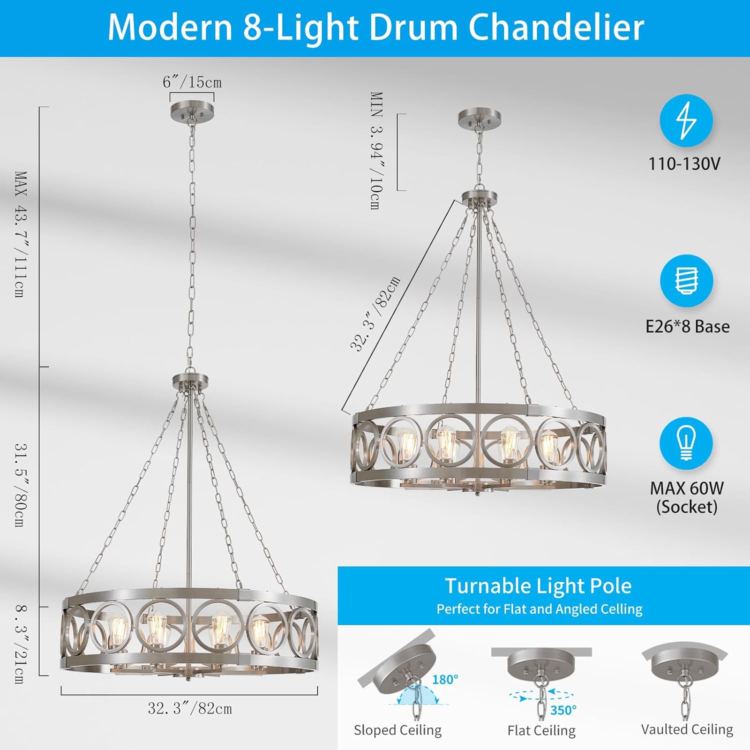 XINGQI 32.3' Large Brushed Nickel Drum Chandelier Modern 8-Light Rustic Farmhouse Round Pendant Lighting Fixture for Dining Room Living Room Office Kitchen Island