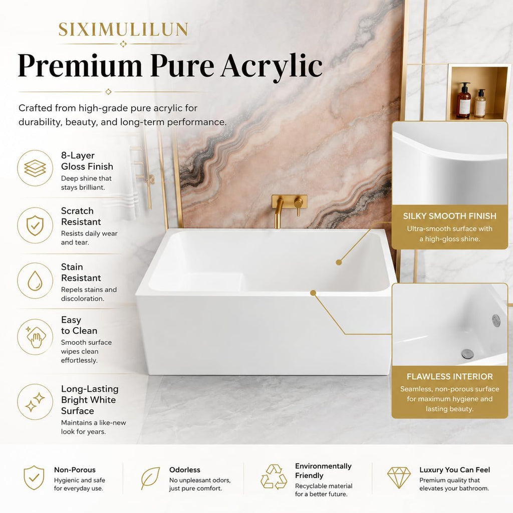 43' Acrylic Freestanding Bathtub with Seat,Deep Bathtub,Rectangle Soaking Tub with Chrome Overflow & Pop-Up Drain, CUPC Certified for Small Bathrooms