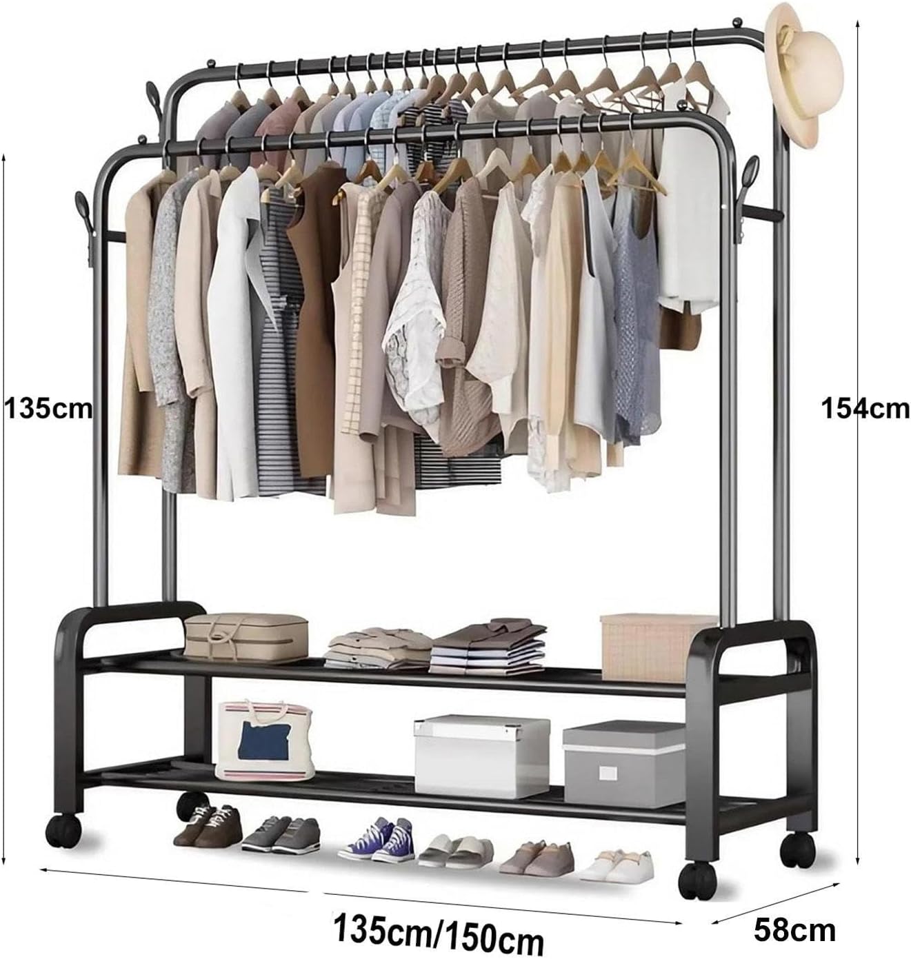 Freestanding Garment Rack for Bedroom,Multi-Functional Double Rods Clothing Rackwith Bottom Shelves and 4 Hooks,Portable Clothes Rack for Hanging Clothes,A-150 * 58 * 154cm