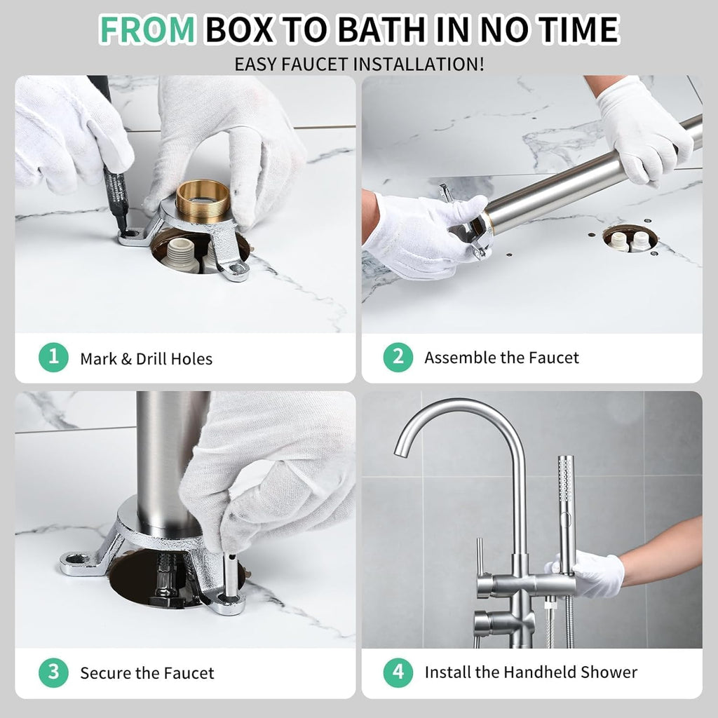 Free Standing Bathtub Faucet Set: SR SUN RISE Floor Mount Tub Filler with 3-Function Handheld Shower Head, Brushed Nickel High Flow Brass Freestanding Shower Faucet