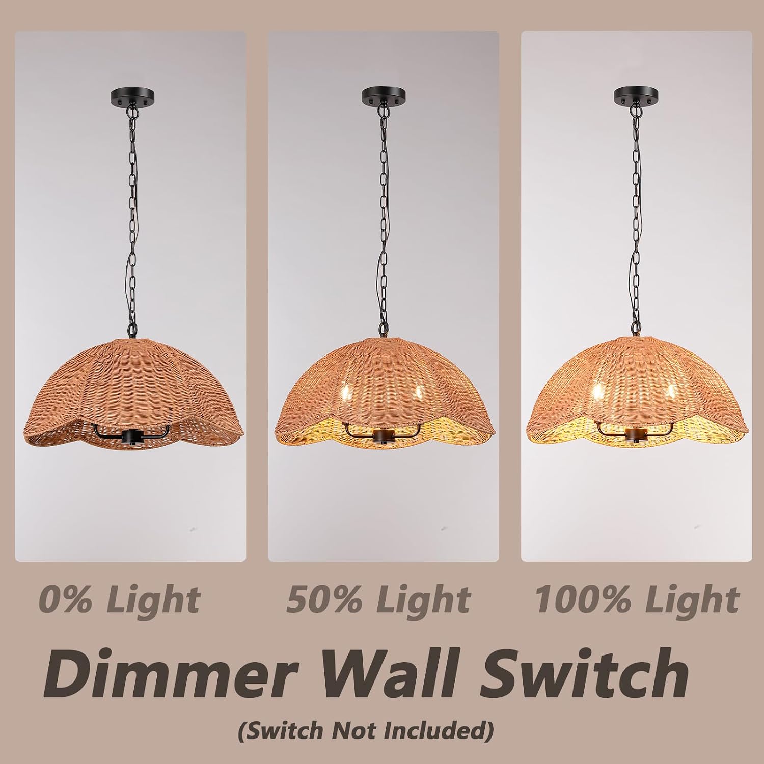 ocioc Rattan Pendant Lighting,23.6' Kitchen Island Hanging Light Fixtures,Large Boho Hand-Woven Chanderlier, E26 Farmhouse Retro Ceiling Chandelier 3-Lights for Dining Room Kitchen Island Living Room