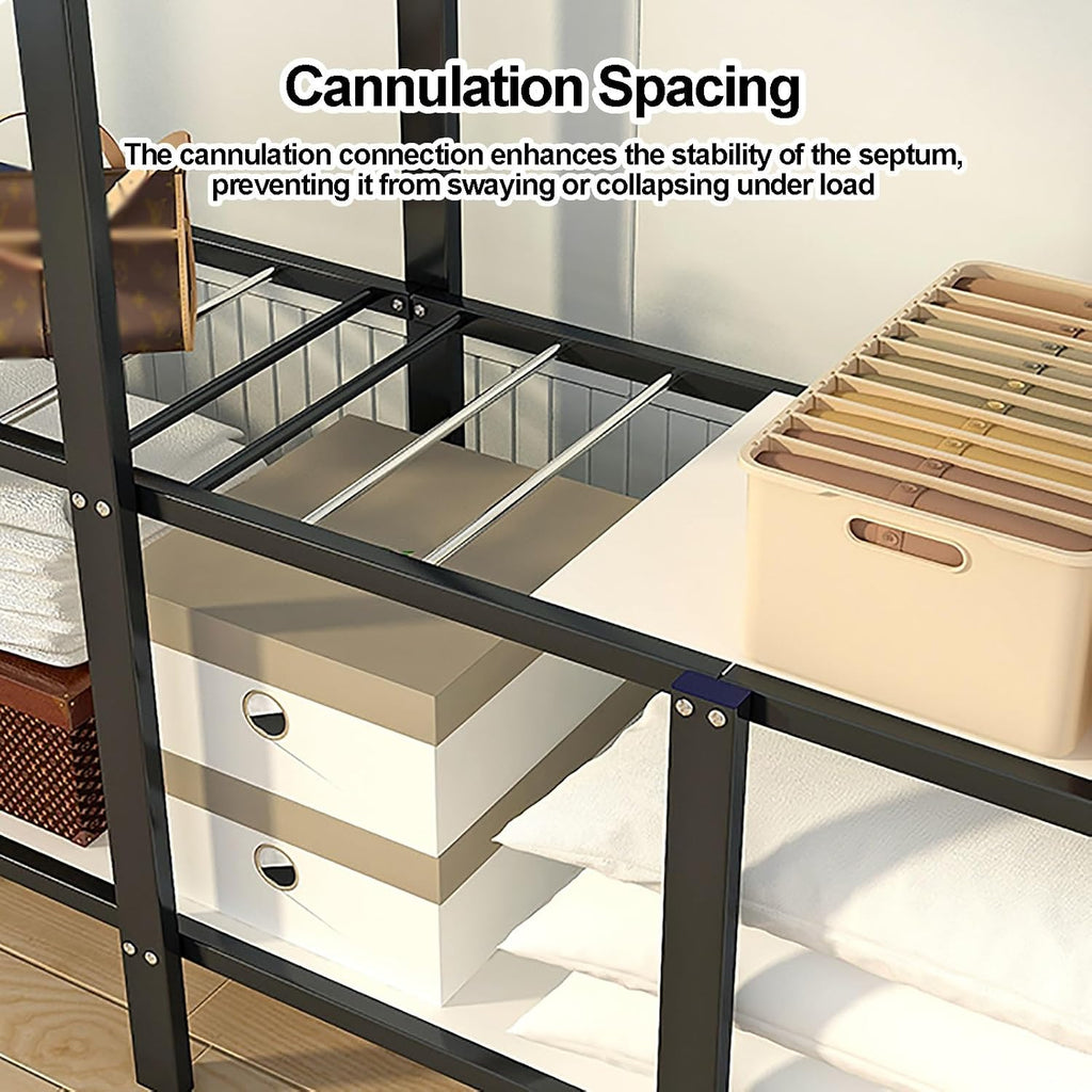 Portable Closet Wardrobe With Hanging Rods, Metal Closet Rack For Hanging Clothes, Clothing Rack With Cover, Metal Garment Racks Organizer For Bedroom(White1,110cm/43.3inch)