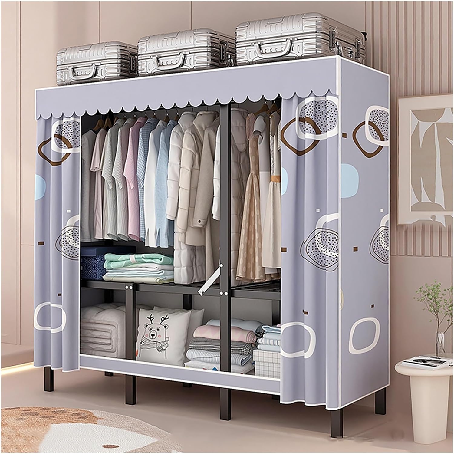 Foldable Portable Wardrobe Closet with Cover, Metal Garment Rack with Hanging Rods, Steel Hanging Rack, Storage Organizer for Bedroom, Clothing for Hanging Clothes(Blue,150x170x45cm)