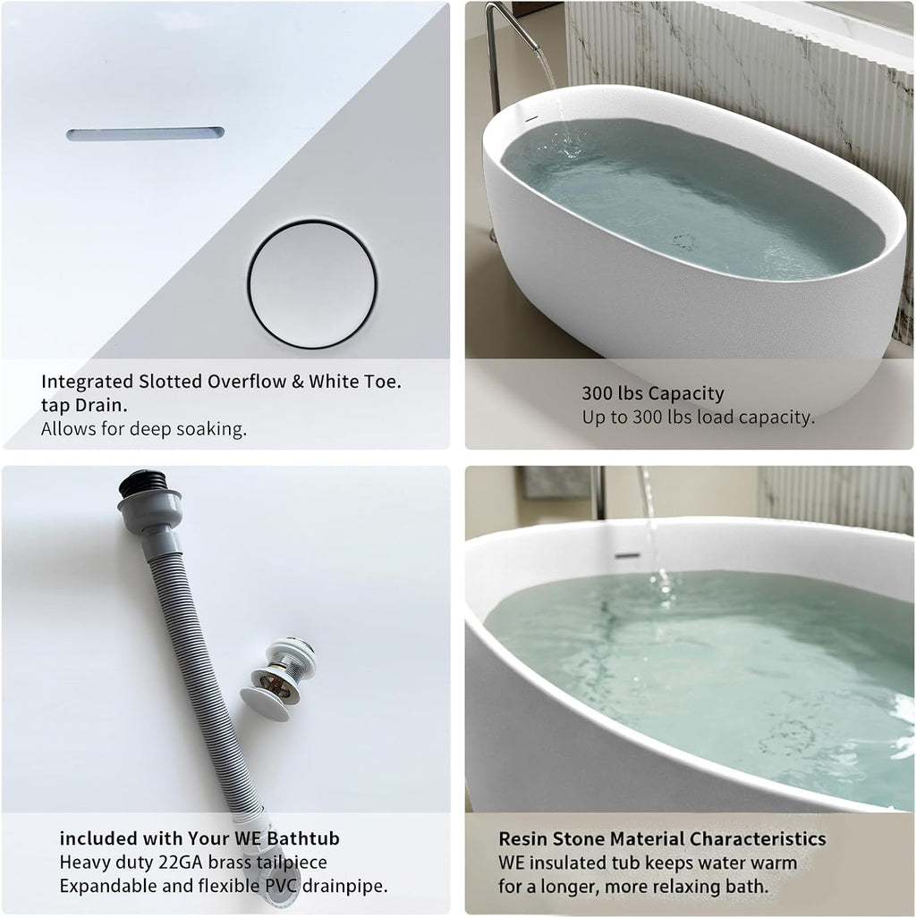 51' Stone Resin Freestanding Bathtub, Oval Shape Solid Surface Freestanding Tubs for Small Bathroom, Stand Alone Soaking Tubs with Integrated Slotted Overflow and Drain, Matte White