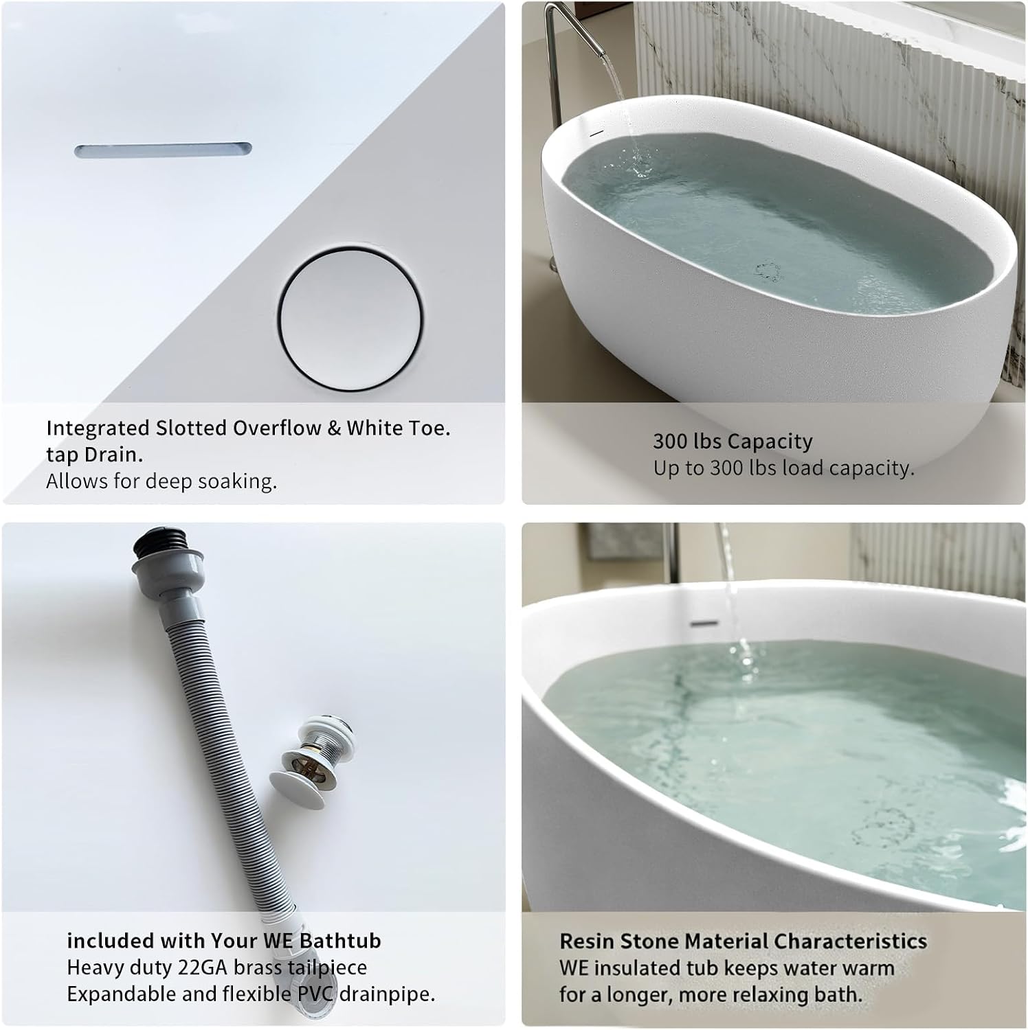 51' Stone Resin Freestanding Bathtub, Oval Shape Solid Surface Freestanding Tubs for Small Bathroom, Stand Alone Soaking Tubs with Integrated Slotted Overflow and Drain, Matte White