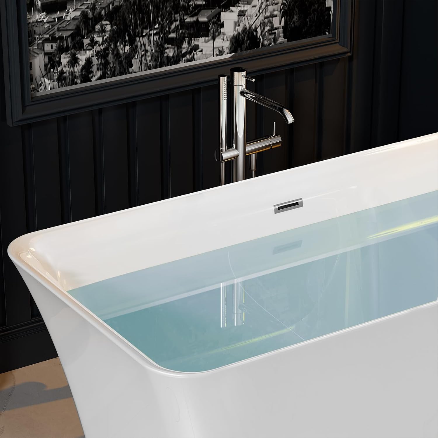 Empava 59' Freestanding Bathtub, Acrylic Deep Soaking Tub, Modern Stand Alone Tub with Anti-Slip Surface, Adjustable Feet & Drain Overflow Included, White, cUPC Certified