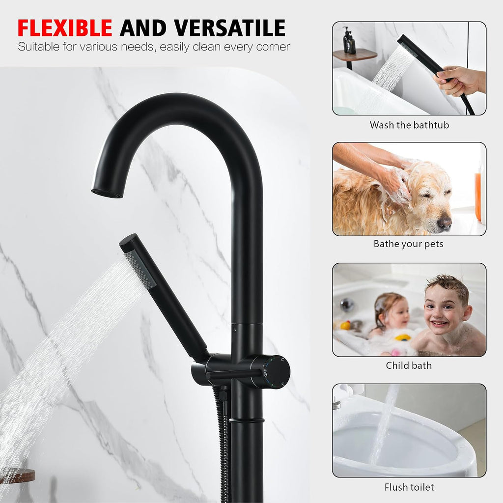 sumerain Matte Black Free Standing Tub Faucet with Handheld, High Flow Rate Bathroom Floor Mount Bathtub Faucet with Swivel Spout