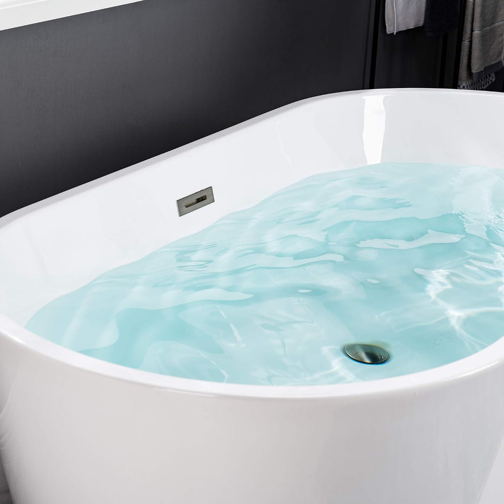 WOODBRIDGE 59' Acrylic Freestanding Bathtub Contemporary Soaking White Tub with Brushed Nickel Overflow and Drain,B0014 -B/N-Drain &O