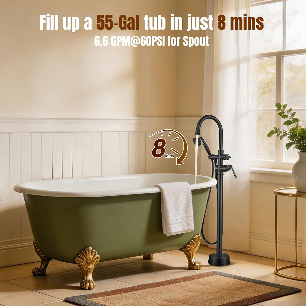 Free Standing Tub Faucet, Antique, Matte Black (B2311-BK) | H59-1 Premium Solid Brass, High Flow 6.6 GPM, Elegant & Vintage Styling