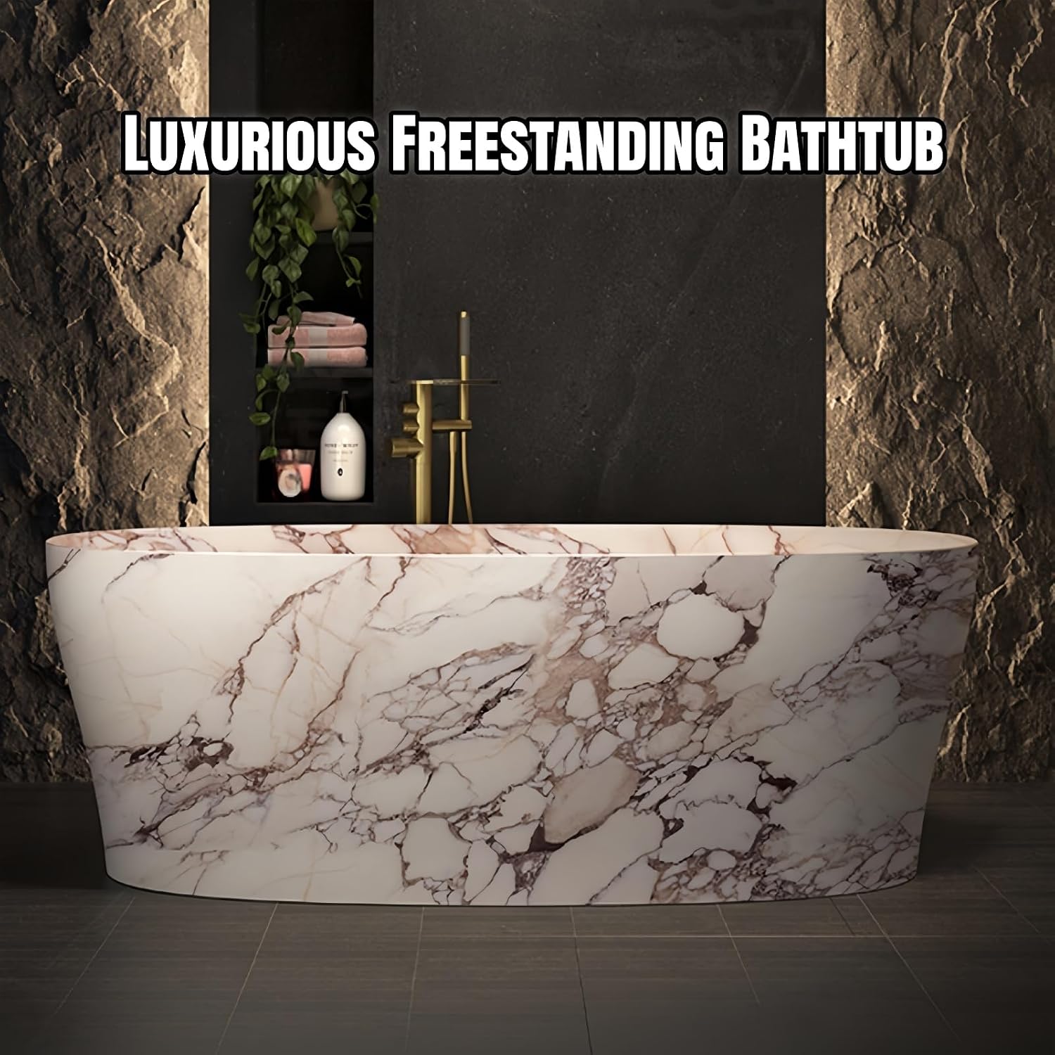 Freestanding Bathtub - Extra Deep Soaking Tub, Solid Surface With Marble-Style Polymer Stone, Free Standing Design For Modern Bathroom Spa Comfort (64',Marble pattern)
